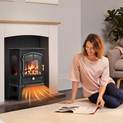 Xbeauty Electric Fireplace Stove with Realistic Flame,Infrared Freestanding Fireplace Heater,Portable,Retro Design,Thermostat,Overheating Safety,1000W/1500W(15 Inch) - Thumbnail 6