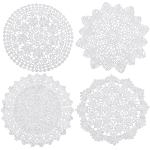 GORGECRAFT 8pz 4 Estilos de Tapetes de Encaje Manteles Individuales de Mesa de Ganchillo con Flores Redondas Posavasos de Ganchillo Hechos A Mano Pequeños Vintage Tapete para Tazas Blanco