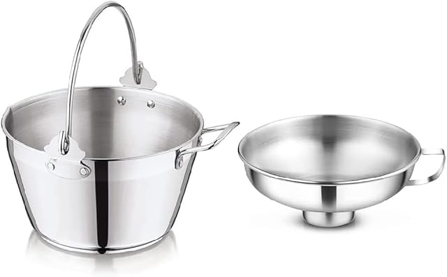 Penguin Home® 5L Maslin Pan with 14cm Wide Neck Jam Funnel|Stainless Steel Pot with Steel Canning Funnel for Preserving|Combo Maslin Pan & Jam Funnel with Side Handle|