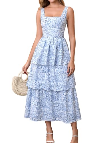 HTZMO Summer Floral Tiered Ruffle Corest Midi Sundress Casual Flowy A Line Tie Wedding Guest Dresses for Women 2026 BlueFloral L