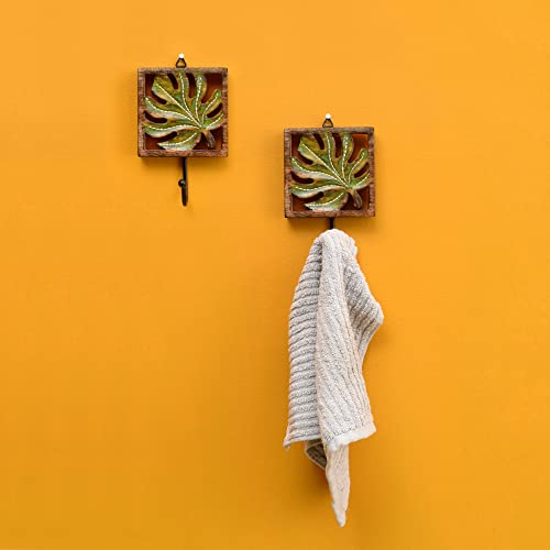 Image of AAKRITI ART CREATIONS Autumn Leaf Towel Hanger with Single Hook | Rustic Wood Wall Organizer with 2 Hooks | Storage Hook for Towels, Cloths, Napkins | Multifunctional Wall Decor Item