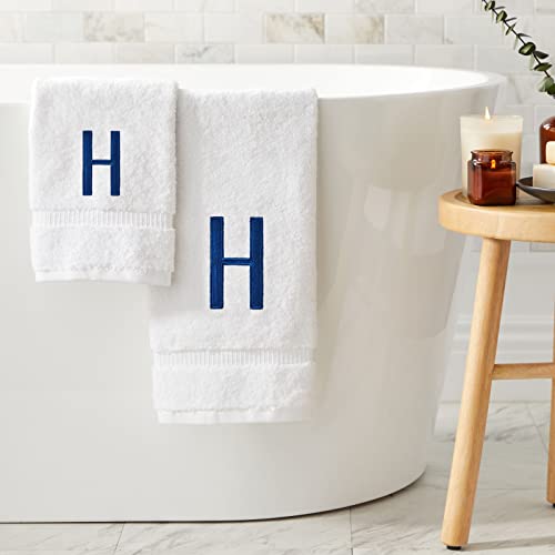 Juvale 3 Piece Letter H Monogrammed Bath Towels Set, White Cotton Bath Towel, Hand Towel, And Washcloth With Blue Embroidered Initial H For Wedding Gift, Bridal Shower #TOP2