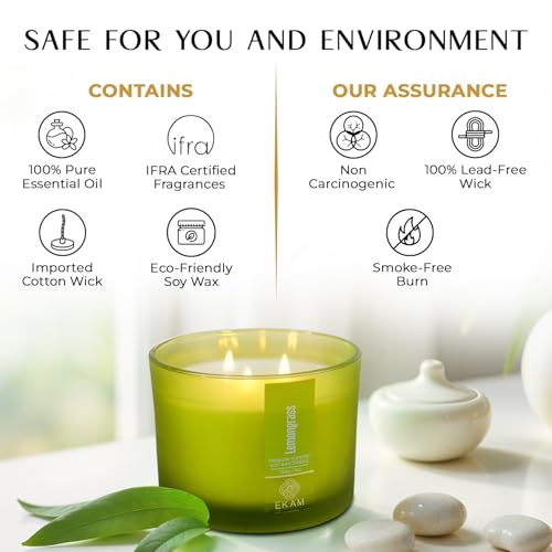 Image of EKAM 3 Wick Soy Wax Scented Candle | Lemongrass Fragrance | 35 Hr Burn | Long Lasting Premium Jar Candle for Home Decor, Relaxation & Aromatherapy