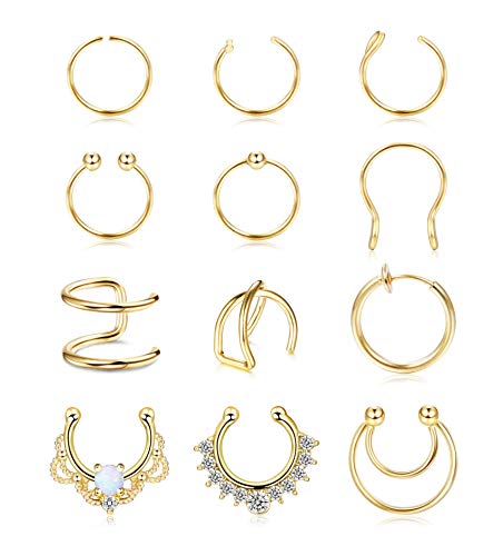 ORAZIO 12Pcs Fake Nose Rings Hoop Stainless Steel Faux Septum Piercing Clip On Nose Septum Ring Faux Non-Pierced Nose Rings Earrings Jewelry
