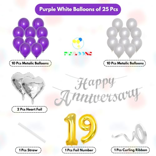 Image of Flyloons 19th Happy Anniversary Decoration Items Purple for Men Women Husband Wife Mom Dad Parent Couple Home Bedroom Car With 20 Pcs Metallic Balloons Anniversary Banner 2 Pcs Heart Set Kit