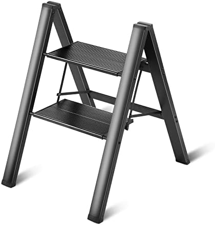 AKARY 2 Step Ladder Aluminum – Lightweight Folding Step Stool, Wide Anti-Slip Pedal 300 Lbs Capacity Household Office Portable Stepladder, Black AKARY 2 Step Ladder Aluminum – Lightweight Folding Step Stool, Wide Anti-Slip Pedal 300 Lbs Capacity Household Office Portable Stepladder, Black