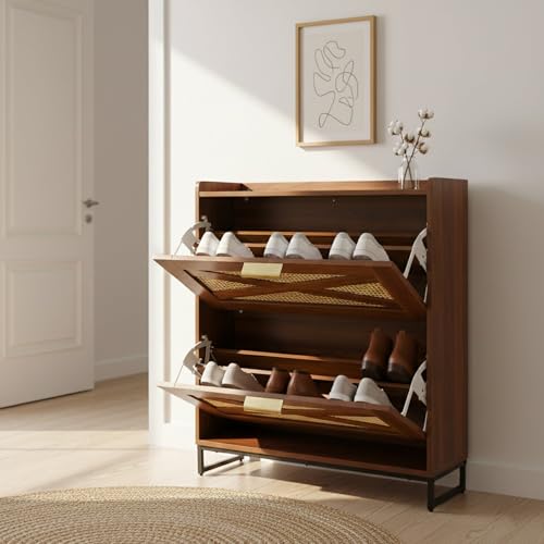Image of The Artment your artistic apartment Raya Shoe Cabinet with Natural Rattan Weave, Warm Oak Finish, Slim Entryway Shoe Storage for 8 to 14 Pairs, Modern Rustic Japandi Organizer with Metal Base