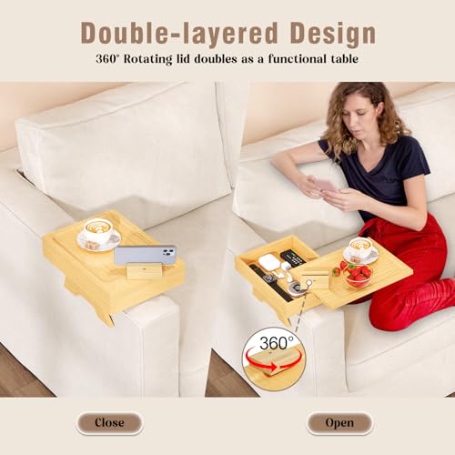zefinot 2 Tiered Sofa Armrest Tray with Storage Box, Foldable 13 ” x 9.4 ” Sofa Arm Table with 360°Rotating Phone Holder End Side Table, Wood Couch Arm Table for Eating/Drinks/Snacks/Remote Control