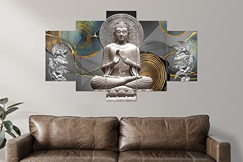 Image of Clasiko Set Of 5 Pcs 3D Wall Painting With Frame; 24x50 Inches; Silver Budhha With Leaves