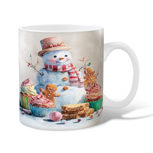 Taza de café de cerámica con diseño de muñeco de nieve, magdalena festiva de Navidad, pan de jengibre, Navidad, color azul, novedosa, con asa, regalo para amigos, familiares, compañeros de trabajo