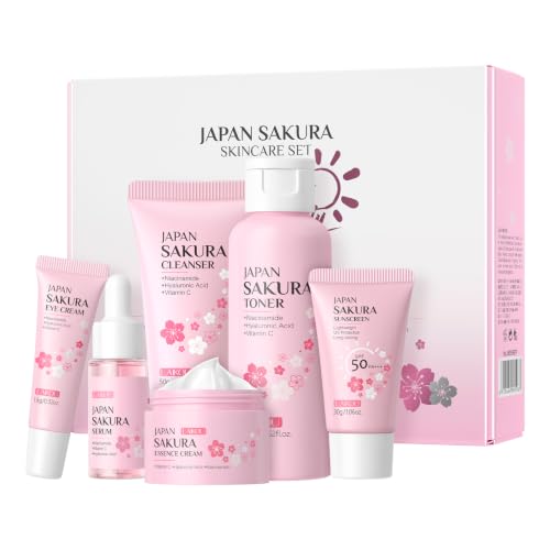 LAIKOU Juego de regalo para el cuidado de la piel para adolescentes, juegos y kits de cuidado de la piel JAPAN SAKURA para mujeres con limpiador, tónico, suero, crema para ojos, crema facial