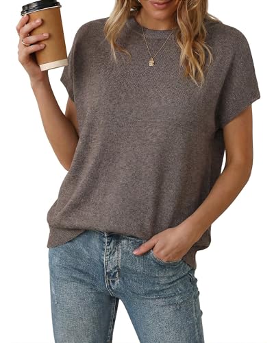 Image of Arach&Cloz Womens 2026 Short Sleeve Spring Summer Cashmere Wool Blend Oversized Sweaters Lightweight Crew Neck Work Tops Business Casual Plus Size Curvy Teacher Outfits Capsule Wardrobe Coffee S