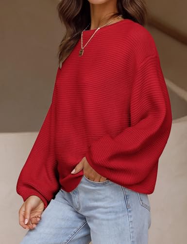 Image of ZESICA Women's Crew Neck Long Lantern Sleeve Fall 2026 Casual Loose Ribbed Knit Solid Soft Pullover Sweater Tops