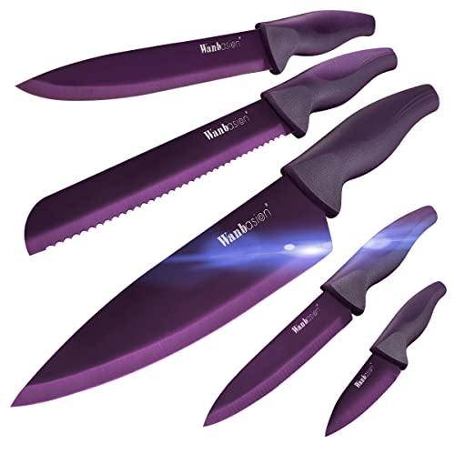 Wanbasion Purple 5 Piece Knife Set For Kitchen Professional, Stainless Steel, Kitchen Knife Set Dishwasher Safe With Covers #TOP16