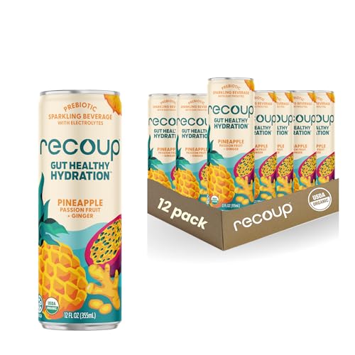 Recoup Organic Sparkling Prebiotic Drink - Ginger with Electrolytes for Gut Health Support & Hydration, No Added Sugar ((Pack of 12), Watermelon Blood Orange + Ginger)