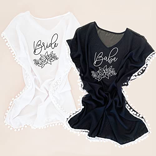 Women’s Bride Swimsuit Cover Up Pom Poms Bachelorette Honeymoon Bathing Suit Beach Swim Pool Cover White4