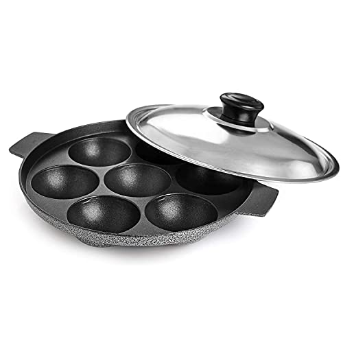 DBY Appam Pan Aluminum Appam Patra Paniyaral Non-Stick Paniyaram Paniyarakkal Aebleskiver Pan Takoyaki with Stainless Steel Lid 7 Balls