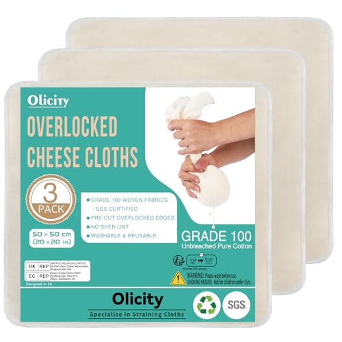 Olicity Cheese Cloths for Straining 50x50cm - 3 Pack Unbleached Fine Weave Muslin Cloths for Cooking | Reusable Overlocked Cheesecloth for Straining Liquids, Making Jam & Bread | Cotton Cloth Strainer