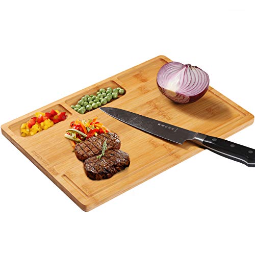 image for HHXRISE Organic Bamboo Cutting Board, With 3 Built-In Compartments And