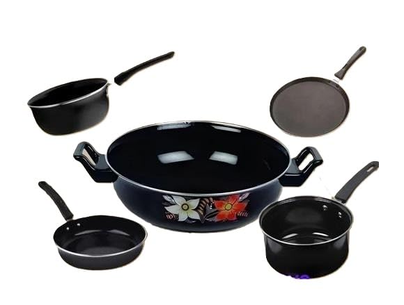 Induction Base Non Stick Cookware Set 5 Piece Kadai Frypan Tawa Saucepan Milkpan Cast Iron Kitchen Use Durable Set Black Free Size