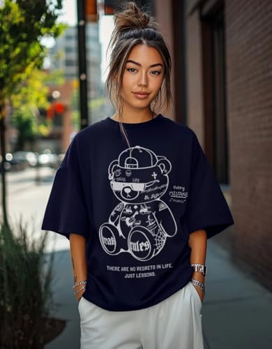 Image of JUNEBERRY 100% Pure Cotton Oversized Loose Baggy Fit Drop Shoulder Half Sleeve Round Neck Cool Front Teddy Printed Cork & White T-Shirt for Women /Girls (Available in from S to 2XL)