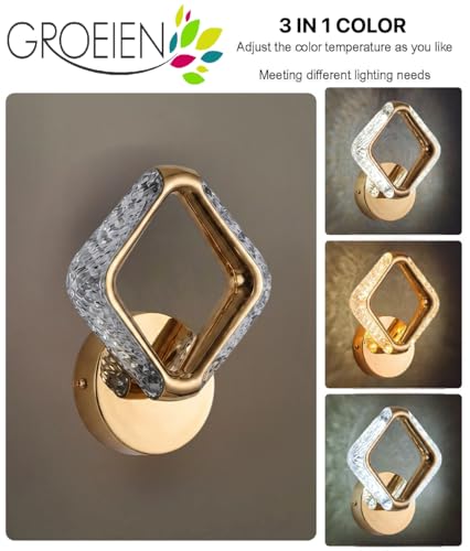 Image of Groeien Pack of 2 | 10W | 3 Color Modern LED Diamond Shape Crystal Wall Sconce Gold Wall Light for Bedroom Living Room Corridor Lighting Fixtures Wall Mount(Diamond Crystal-Golden, 2)