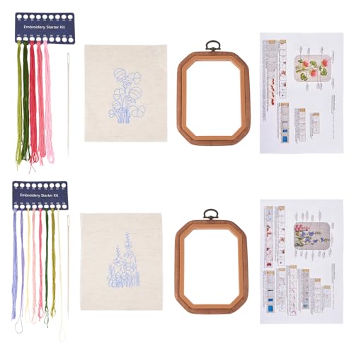 Image of Magibeads 2 Sets Flower Patterns Embroidery Starter Kit for Beginners Hand Embroidery Kit with Embroidery Hoop Floss Fabric Instruction Cross Stitch Kits for Adults Gifts