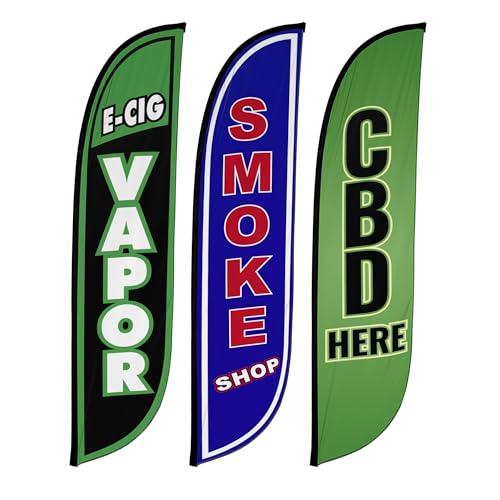 LookOurWay Smoke Shop Themed Feather Flag Bundle - 12 Feet Tall Advertising Flag Banner for Business and Events Promotion - Flag Only, No Poles Included (E-Cig Vapor, Smoke Shop Flag, CBD Here)