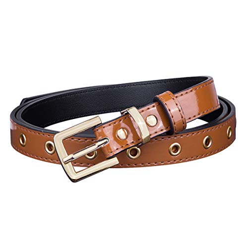 Sportmusies Patent Leather Skinny Belts for Women, Adjustable Ladies Waist Belt for Dresses