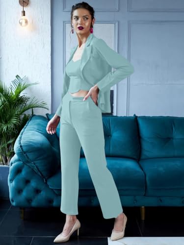 Image of Florely Women's Lycra Solid Three Piece Outfits Blazer Co-Ord Set Women Outdoor Wear Maxi Dress Crop top Party Dress Stylish Dresses
