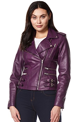 Veste de moto en cuir pour femme violette en cuir véritable souple
