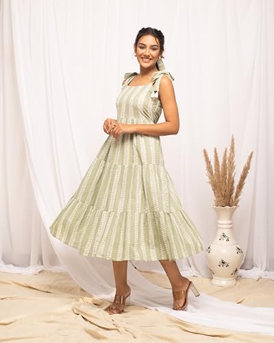 Image of FIORRA Women's Fit And Flare Knee Length Cotton Block Printed Western Knee-Length Dress
