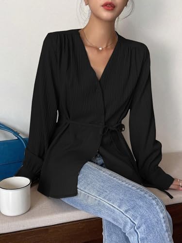 Image of Leriya Fashion Women's V-Neck Pleated Tunic Top - Long Sleeve Drawstring Waist Summer Blouse, Lightweight Casual Shirt for Office, Travel, Daily