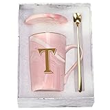 Letter T Personalized Initial Mug, Letter T Personalized Marble Coffee Mug, Letter Coffee Mugs for Women, Bridal Shower Gifts, Man and Women's Initials Gifts Mug 14 Ounce Pink with Gift Box