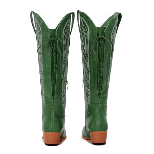 Image of Uillnoodu Wide Calf Cowboy Boots Women Adjustable Lace Up Knee High Tall Plus Size Cowgirl Boots Western Style Comfortable 2-Inch Heel