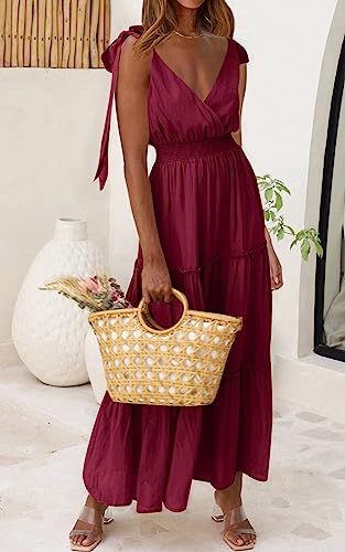 Image of PRETTYGARDEN Women's Cross Neck Summer Sleeveless Tiered Maxi Dress Beach Tie Strap Smocked Long Dresses Pleated Sundress