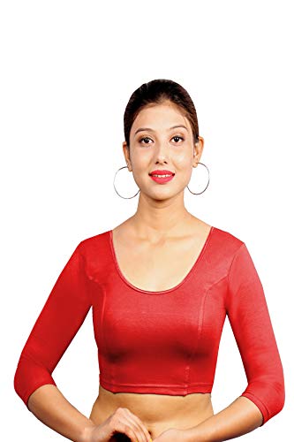 Image of Abhi Cotton Readymade Saree Blouse for Women- 3 /4 Sleeve, Round Neck, Regular-fit, Stretchable, Pull-on Style