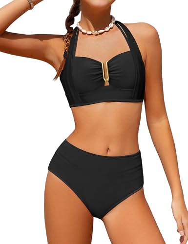 Image of BAVADER Girls Swimsuit 2 Piece Halter Bikini Set V-Neck Cutout Solid Bathing Suit Padded High Waisted Swimwear 9-16Y