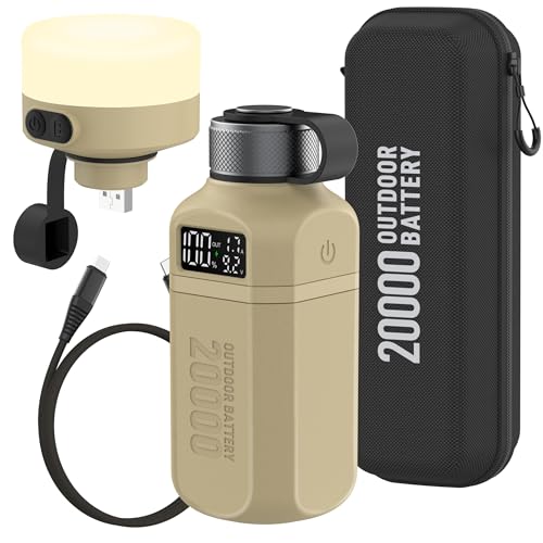 aswayke 20,000mAh Rugged Power Bank with Fast Charge USB-C PD, IP68 Waterproof Shockproof, Includes 420lm Bright Camping Lantern, Tactical Outdoor Charger for Hiking Camping Survival Emergency (Brown)