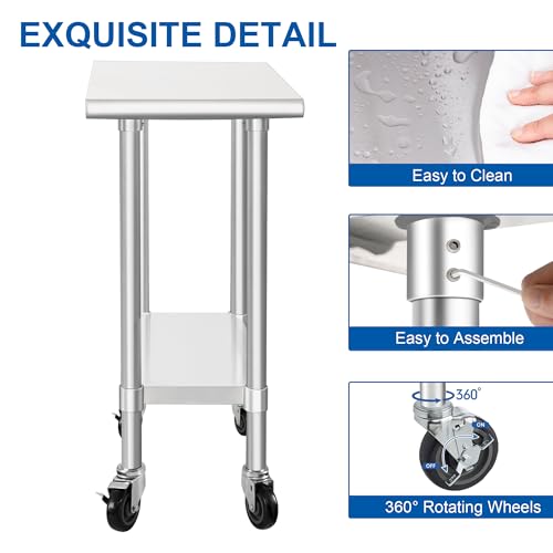 Image of HARDURA Stainless Steel Commercial Table Prep & Work Table with Casters Heavy Duty Metal Table with Wheels NSF 430 30x12 Inches