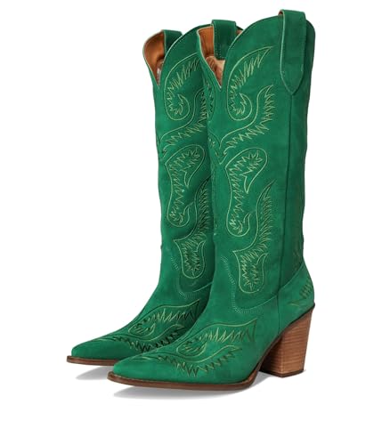 Dingo Womens Evita Embroidered Snip Toe Pull On Dress Boots Over the Knee Mid Heel 2-3" - Green - Size 11 M