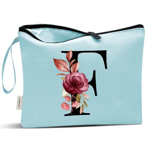 Image of Vavabox A-Z Personalized Makeup Bag, Birthday Gifts for Women Mom, Gifts for Best Friend, Bride Bridesmaid Cosmetic bag (F, Aqua)
