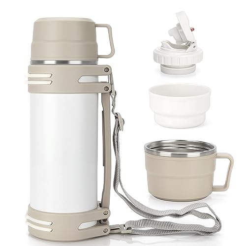 Thermosflasche 1,2L, Thermoskanne mit 2 Becher, Doppelwand aus Edelstahl Isolierflasche, Auslaufsicher Groß Thermoskanne Camping Oder Wandern mit Robuster Griff & Tragegurt, 18h heiß/24h kalt Weiß