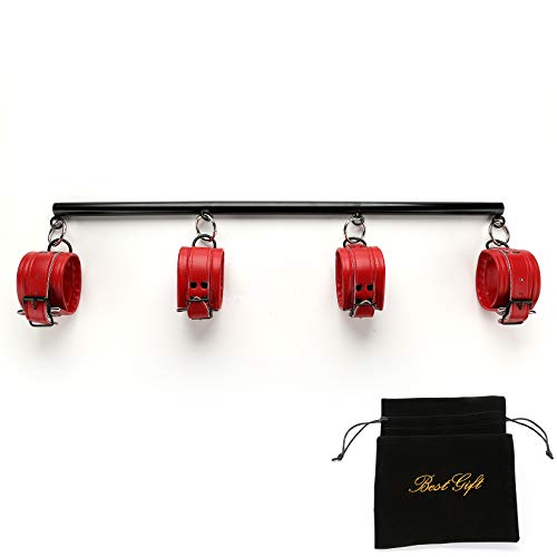EXREIZST Adjustable 3 in 1 Spreader Bar Set with 4 Soft Leather Straps Set with 2 Chains Expandable Fitness Sports Exercise Training Tool Kit, Black and Red