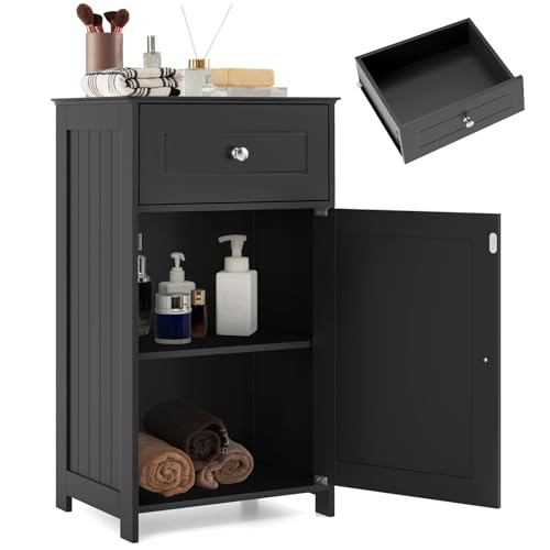 LIFEZEAL Armario de Suelo para baño, Mueble de baño, Armario con cajón y Puerta, Mueble cómoda para baño, Cocina, salón, 43 x 34 x 77 cm (Negro)