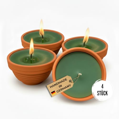 Lavalis 4er Set Flammschalen in Terrakotta, handbefüllt aus recyceltem Wachs, 15 h Brenndauer, 5 cm Flamme, ideal als stimmungsvolle Nikolaus- & Adventsdeko, Ø 9,5 cm