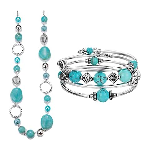 PEARL&CLUB Long Turquoise Beaded Necklace Bangle Wrap Bracelet Set Cover