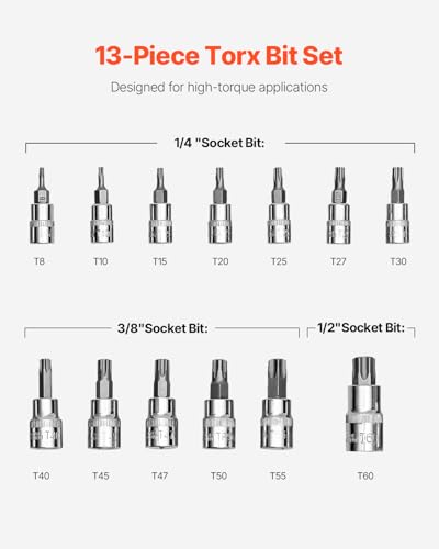 Image of VEVOR Torx Bit Socket Set, 13-Piece Star T8 - T60 Set, S2 Alloy Steel and Cr-V Steel, 1 /4 in, 3 /8 in, and 1 /2 in Drives, with Enhanced Storage Case, Torx Sockets for Hand Use, Mechanics, Auto Repair