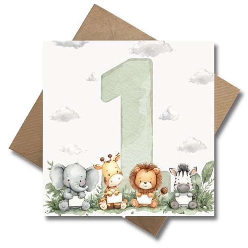 WBdesignz 1. Kindergeburtstag Karte mit Umschlag - süße Tier-Geburtstagskarte für Jungen & Mädchen mit Elefant, Giraffe, Löwe und Zebra - Waldmotiv - kindlich, liebevoll (125 x 125 mm)