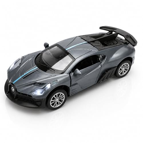 Image of 1:36 Scale Bugatti Die-Cast Toy Car - Pull Back Metal Model with Openable Doors, LED Lights & Music - Alloy Mini Car Gift for Kids, Boys & Collectors 【Grey】